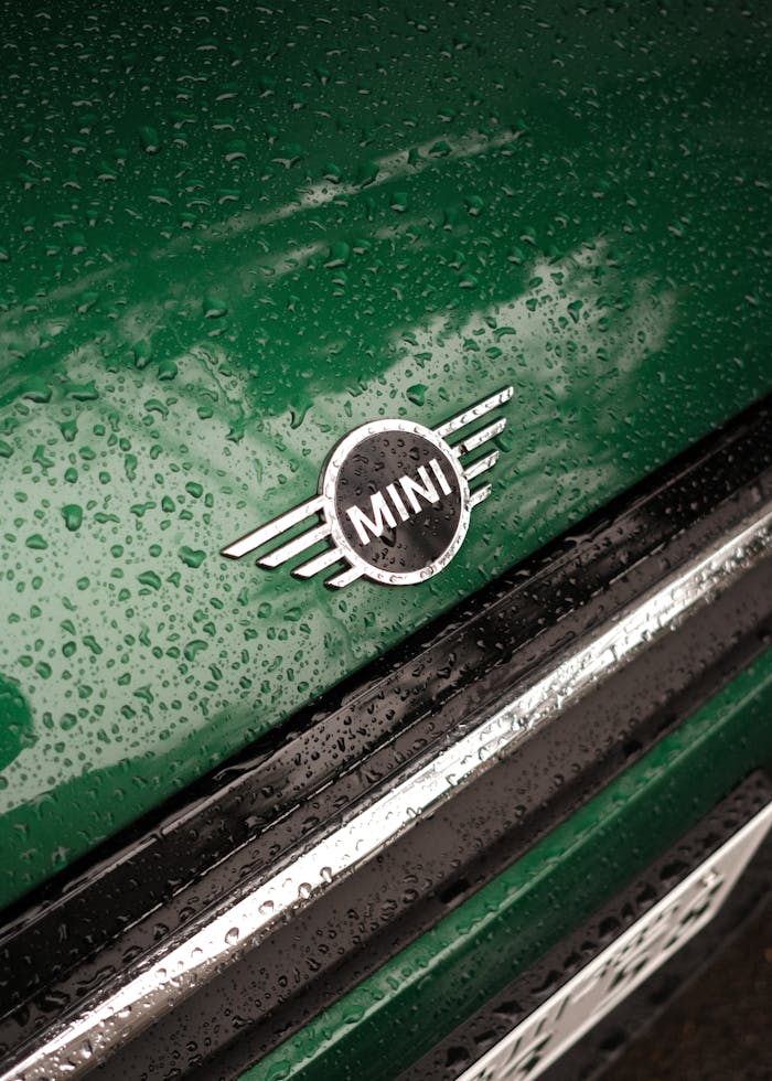Detailed shot of a MINI logo with raindrops on a green hood in Minato City, Tokyo.
