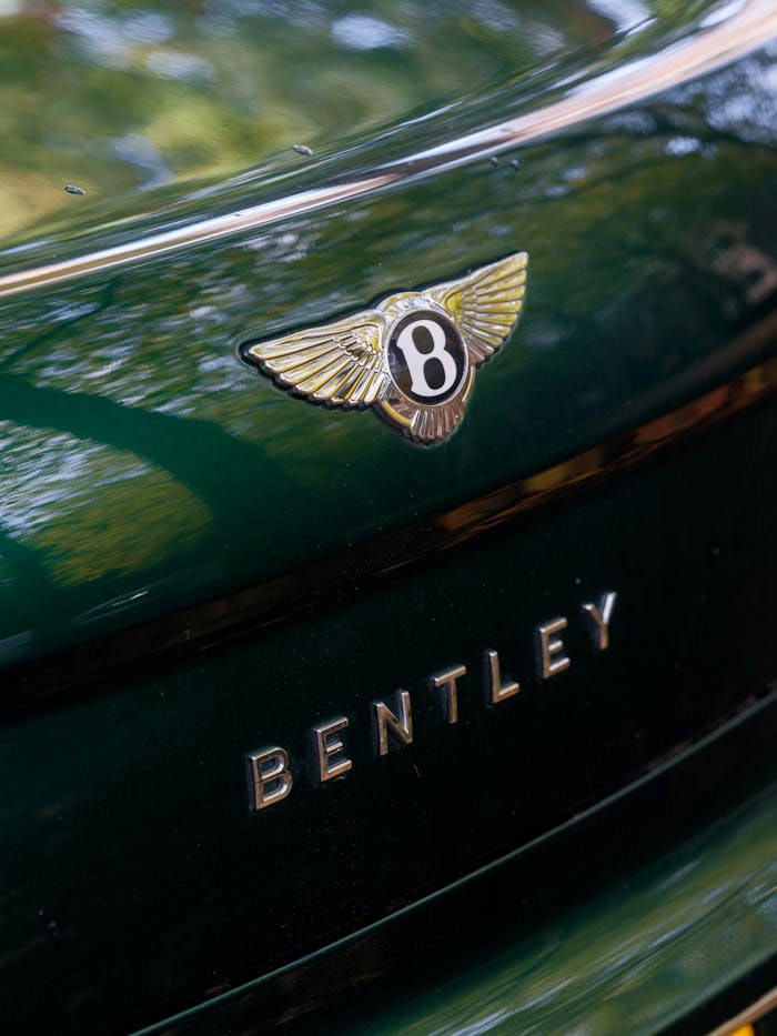 Close-up of a Bentley car showcasing the elegant emblem and branding in an outdoor setting.